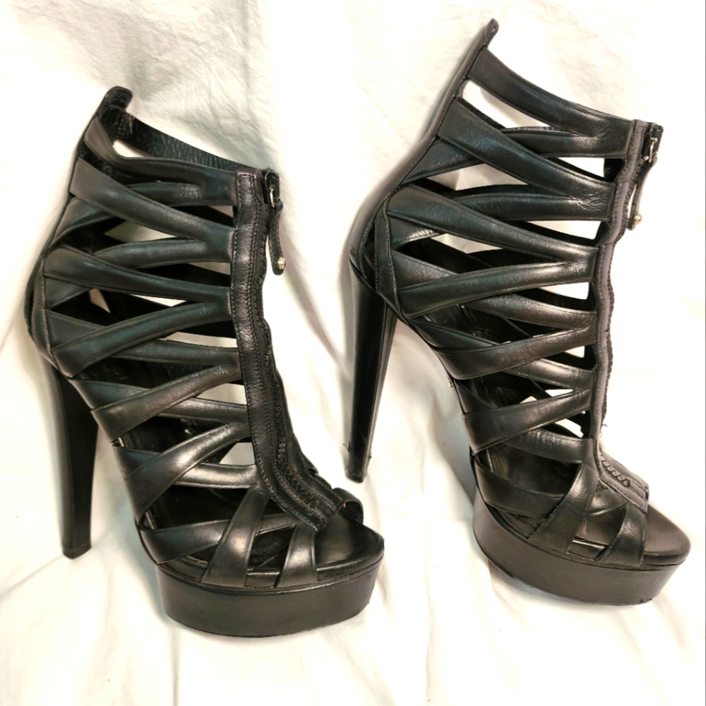Gucci Black Strappy Cutout Leather Platform Ankle Booties